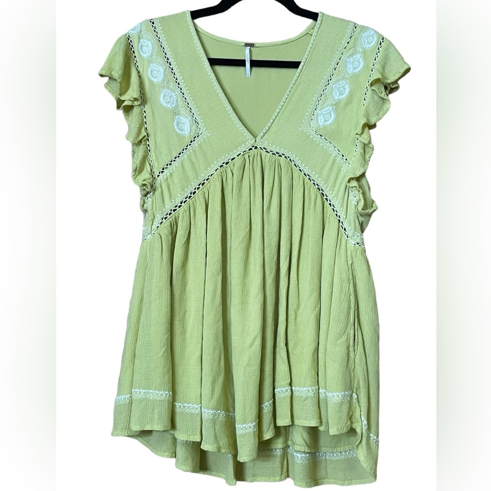 Free People Falling Water Embroidered Tunic Blouse V-neck Green Top Womens Small